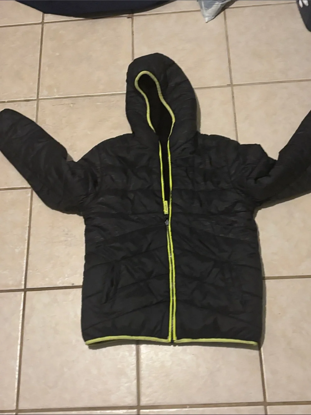 Eddie Bauer Kids Black Hooded Puffer Jacket with Lime Trim
